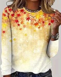 Casual Maple Leaf Crew Neck Long Sleeve T-shirt, T-shirts, color:Yellow|size:XXL, catalog Noracora shop