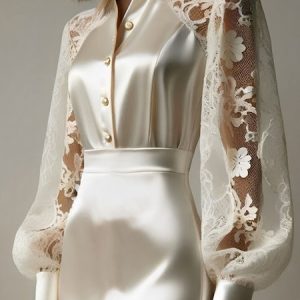 Elegant Plain Lace Shirt Collar Raglan Sleeve Shirt, Blouses and Shirts, color:Apricot|size:XXL, Stylewe