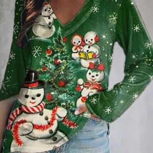 Casual Christmas V Neck Long Sleeve T-shirt, T-shirts, color:Green|size:4XL, catalog Noracora shop