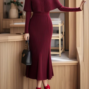 Elegant High Elasticity Stand Collar Sweater Dress, Midi Dresses, color:Wine Red|size:XXL, Stylewe