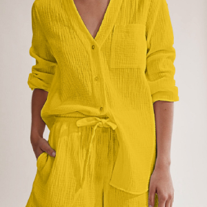 Women Plain V Neck Long Sleeve Comfy Casual Zipper Top With Pants Two-Piece Set, Sets, color:Yellow|size:XL, catalog Noracora shop