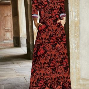 Women Floral V Neck Long Sleeve Comfy Vintage Maxi Dress, Dresses, color:Reddish Black|size:XXL, catalog Noracora shop