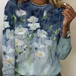 Floral Jersey Casual Crew Neck T-Shirt, Long sleeves, Lilicloth.com