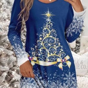 Women Christmas Crew Neck Long Sleeve Comfy Casual Mini Dress, Dresses, color:Royal Blue|size:3XL, catalog Noracora shop