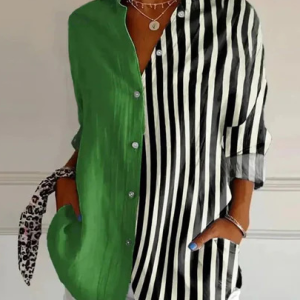Shirt Collar Long Sleeve Striped Regular Loose Shirt For Women, Shirts, color:Green|size:5XL, catalog Noracora shop