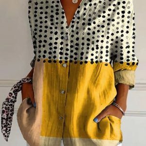 Shirt Collar Long Sleeve Geometric Regular Loose TUNIC Shirt For Women, Shirts, color:Yellow|size:XXL, catalog Noracora shop