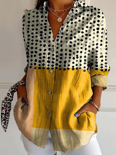 Women's Long Sleeve Shirt Spring/Fall Geometric Shirt Collar Daily Going Out Casual Top, JustFashionNow Blouses, color:Yellow|size:XXL,