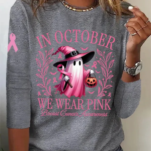 Women's In October We Wear Pink Halloween Ghost Breast Cancer Awareness Warrior Long-Sleeve T-Shirt, Long sleeves, Lilicloth.com