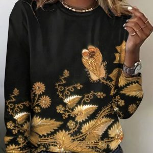 Retro floral print casual long sleeved T-shirt, Long sleeves, Lilicloth.com