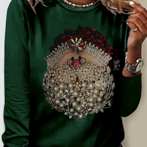 Casual Christmas Crew Neck Long Sleeve T-shirt, T-shirts, color:Green|size:4XL, catalog Noracora shop