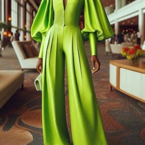 Elegant Balloon Sleeve Plain V Neck Jumpsuit, Jumpsuits, color:Green|size:XXL, Stylewe