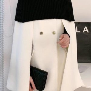 Loose Turtleneck Elegant Color Block Cloak, Coats, color:Black-white|size:XXL, Stylewe