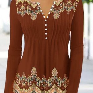 Crew Neck Long Sleeve Ethnic Regular Loose Blouse For Women, Blouses, color:Wine Red|size:XXL, catalog Noracora shop