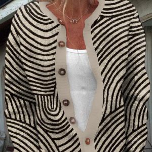 Women 3D Printing Long Sleeve Comfy Casual Buttoned Cardigan, Outerwear, color:Khaki|size:3XL, catalog Noracora shop