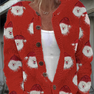 Women Christmas Santa Knitted Floral Long Sleeve Comfy Casual Cardigan, Outerwear, color:Red|size:5XL, catalog Noracora shop