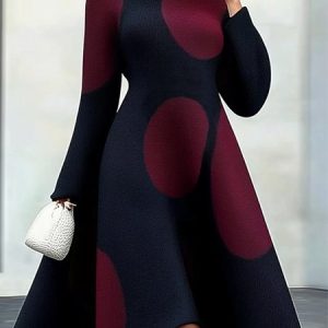 Polka Dots Regular Sleeve Turtleneck Elegant Regular Fit Sweater Dress, Midi Dresses, color:Black-red|size:XXL, Stylewe