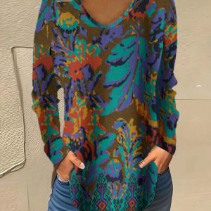 Vintage Floral V Neck Long Sleeve T-shirt, T-shirts, color:Black-green|size:XXL, catalog Noracora shop