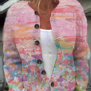 Women Knitted Abstract Long Sleeve Comfy Casual Cardigan, Cardigans, color:Pink|size:5XL, catalog Noracora shop