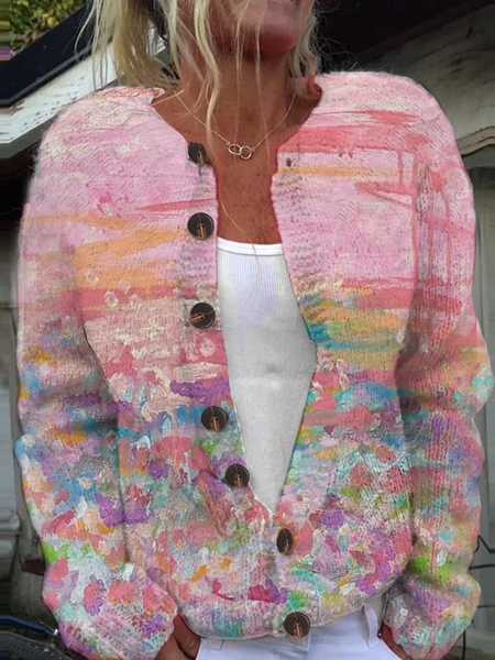 Women's Pink Art Oil Painting Breast Cancer Sweater Knit Cardigan, Cardigans, Lilicloth.com