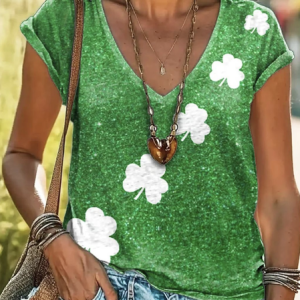 St. Patrick's Day Clover V-neck Short sleeved T-shirt, T-shirts, Lilicloth.com