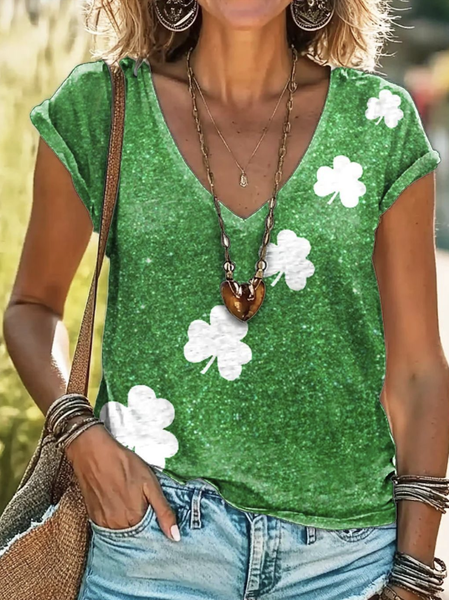 St. Patrick's Day Clover V-neck Short sleeved T-shirt, T-shirts, Lilicloth.com