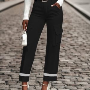 Color Block Urban Cargo Ankle Pants With No Belt, Pants, color:Black|size:XXL, Stylewe
