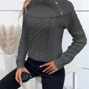 Women Yarn/Wool Yarn Plain Long Sleeve Comfy Casual Sweater, Sweaters, color:Deep Gray|size:XL, catalog Noracora shop