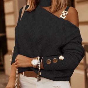 Long Sleeve Plain Buckle Regular Loose Blouse For Women, Blouses, color:Black|size:XL, catalog Noracora shop