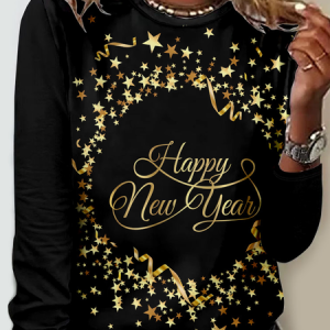 Loose Geometric Crew Neck Casual T-Shirt, Long sleeves, Lilicloth.com