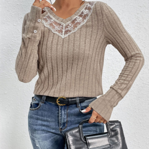V Neck Long Sleeve Plain Regular Micro-Elasticity Loose Blouse For Women, Blouses, color:Khaki|size:XL, catalog Noracora shop