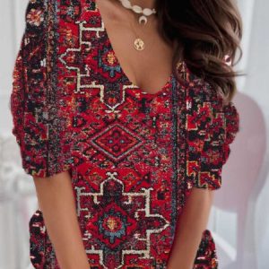 Casual Ethnic V Neck Long Sleeve T-shirt, T-shirts, color:Wine Red|size:XXL, catalog Noracora shop