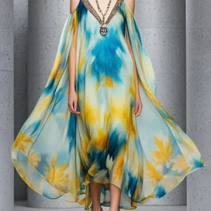 Vacation Random Print Off Shoulder Sleeve Printing V Neck Maxi Dress, Maxi Dresses, color:As Picture|size:XXL, Stylewe