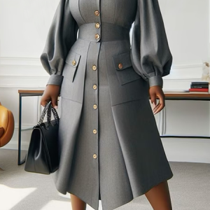 Elegant Balloon Sleeve Shirt Dress, Midi Dresses, color:Gray|size:XXL, Stylewe