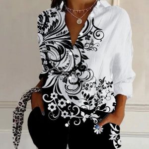 Shirt Collar Long Sleeve Floral Regular Loose Shirt For Women, Shirts, color:Black|size:XXL, catalog Noracora shop