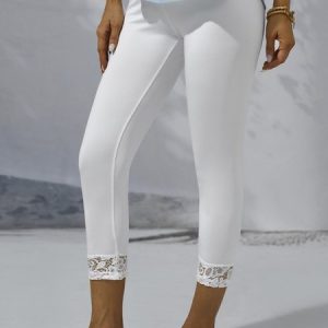 Plain Lace Casual Cropped Pants, Leggings, color:White|size:XXL, catalog Noracora shop