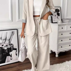 Women Plain Shawl Collar Long Sleeve Comfy Casual Coat With Pants Two-Piece Set, Sets, color:White|size:XXL, catalog Noracora shop