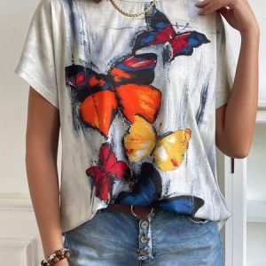 Casual Crew Neck Butterfly Loosen Short Sleeve T-Shirt, T-shirts, color:Multicolor|size:XXL, catalog Noracora shop