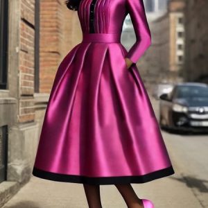 Elegant Color Block High Waist Party Dress, Midi Dresses, color:Rose Red|size:XXL, Stylewe