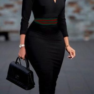 Tight Notched Urban Dress With Belt, Midi Dresses, color:Black|size:XXL, Stylewe