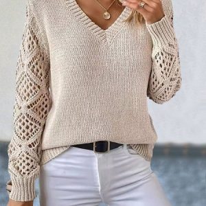 Women Yarn/Wool Yarn Plain Long Sleeve Comfy Casual Hollow Out Sweater, Sweaters, color:Apricot|size:XL, catalog Noracora shop