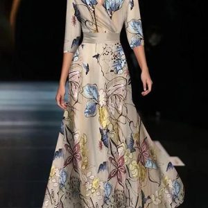 Women Elegant Floral V Neck Half Sleeve Comfy Casual Maxi Dress, Dresses, color:Champagne|size:3XL, catalog Noracora shop