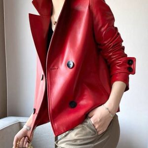 Urban Lapel Collar Faux Leather Coat, Jackets, color:Red|size:XXL, Stylewe