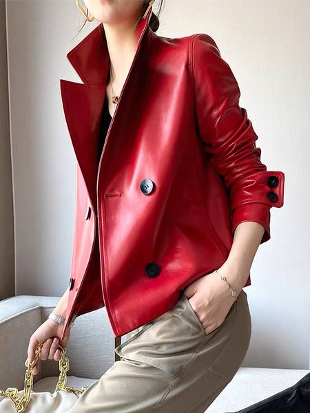 Urban Lapel Collar Faux Leather Coat, Jackets, color:Red|size:XXL, Stylewe