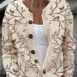 A bird standing on a tree branch embroidered knitted sweater cardigan, Cardigans, Lilicloth.com