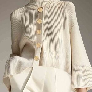 Plain Casual Buttoned Raglan Sleeve Sweater, Pullovers, color:Off White|size:XXL, Stylewe