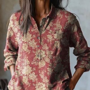 Henley Collar Long Sleeve Floral Regular Regular Fit Shirt For Women, Shirts, color:Red|size:5XL, catalog Noracora shop