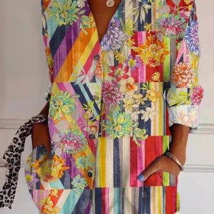 Shirt Collar Long Sleeve Striped Regular Loose TUNIC Shirt For Women, Shirts, color:Multicolor|size:XXL, catalog Noracora shop