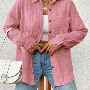 Shirt Collar Long Sleeve Plain Regular Loose Shirt For Women, Shirts, color:Pink|size:XXL, catalog Noracora shop