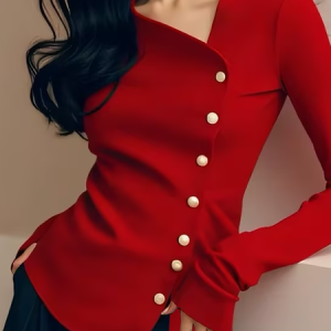Medium Elasticity Tight Asymmetric Plain Elegant Blouse, Blouses and Shirts, color:Red|size:XXL, Stylewe