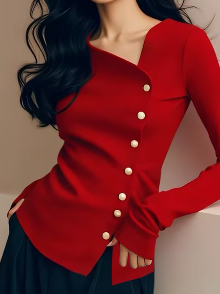 Medium Elasticity Tight Asymmetric Plain Elegant Blouse, Blouses and Shirts, color:Red|size:XXL, Stylewe